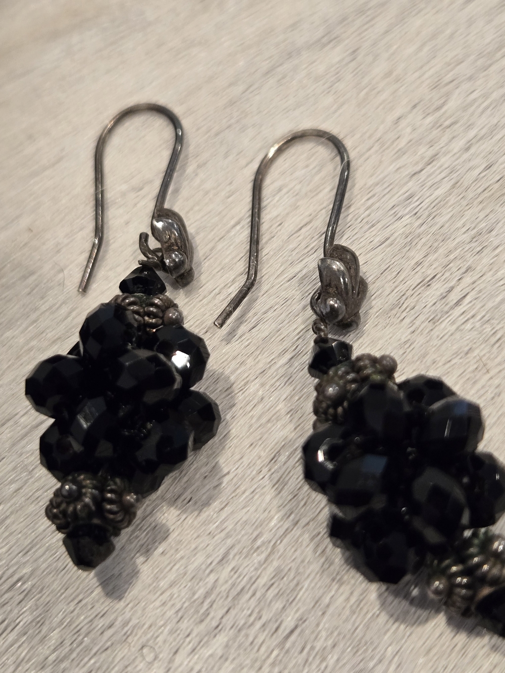 Vintage Artisan Sterling Silver & Black Faceted Bead Cluster Drop Earrings